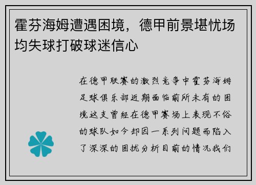 霍芬海姆遭遇困境，德甲前景堪忧场均失球打破球迷信心