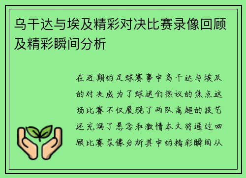 乌干达与埃及精彩对决比赛录像回顾及精彩瞬间分析