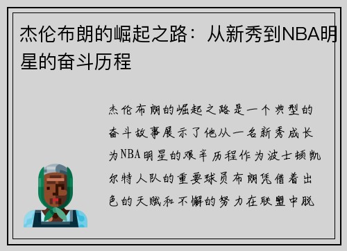 杰伦布朗的崛起之路：从新秀到NBA明星的奋斗历程