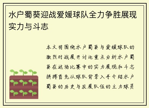 水户蜀葵迎战爱媛球队全力争胜展现实力与斗志