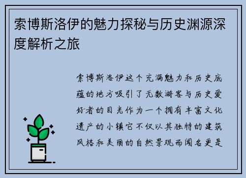 索博斯洛伊的魅力探秘与历史渊源深度解析之旅