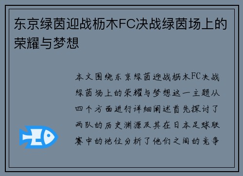 东京绿茵迎战枥木FC决战绿茵场上的荣耀与梦想