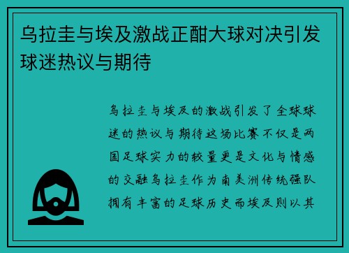 乌拉圭与埃及激战正酣大球对决引发球迷热议与期待