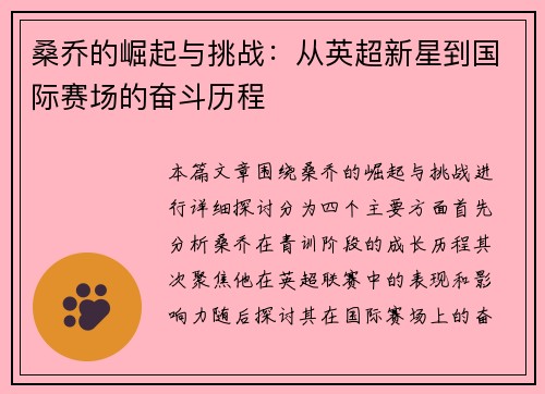 桑乔的崛起与挑战：从英超新星到国际赛场的奋斗历程
