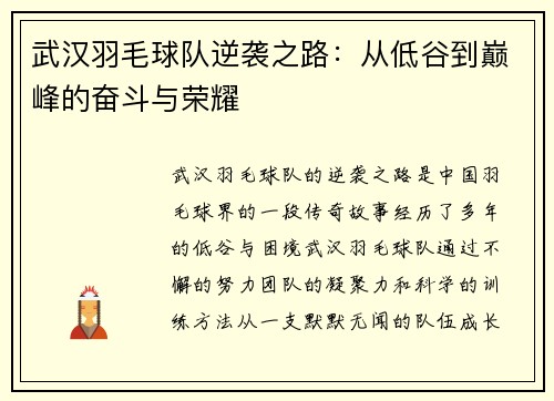 武汉羽毛球队逆袭之路：从低谷到巅峰的奋斗与荣耀