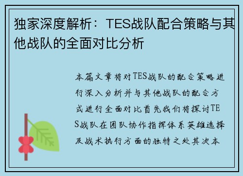 独家深度解析：TES战队配合策略与其他战队的全面对比分析